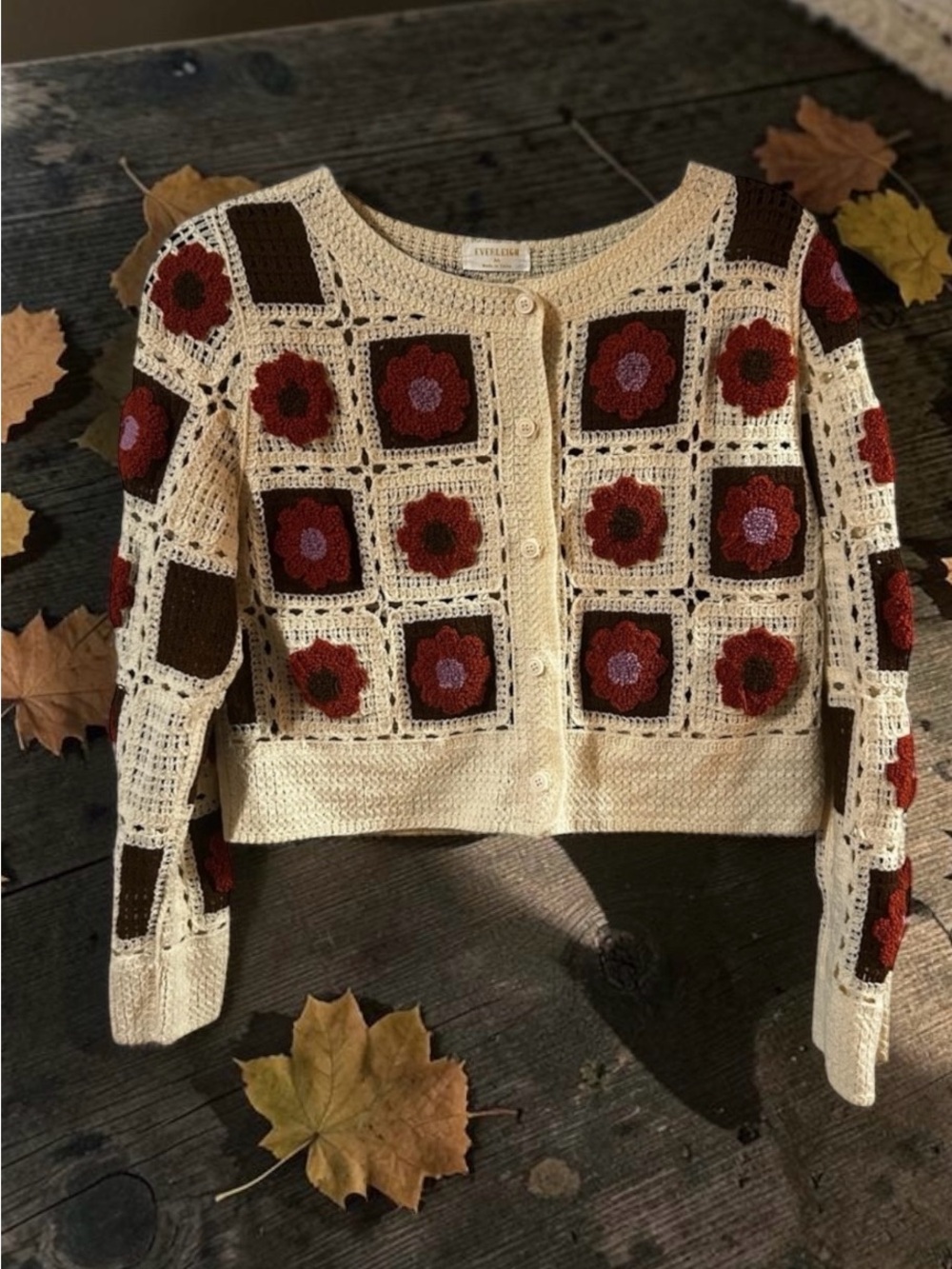 Everleigh Floral Crochet Granny Square Cardigan Sweater Crop Medium Cream Brown